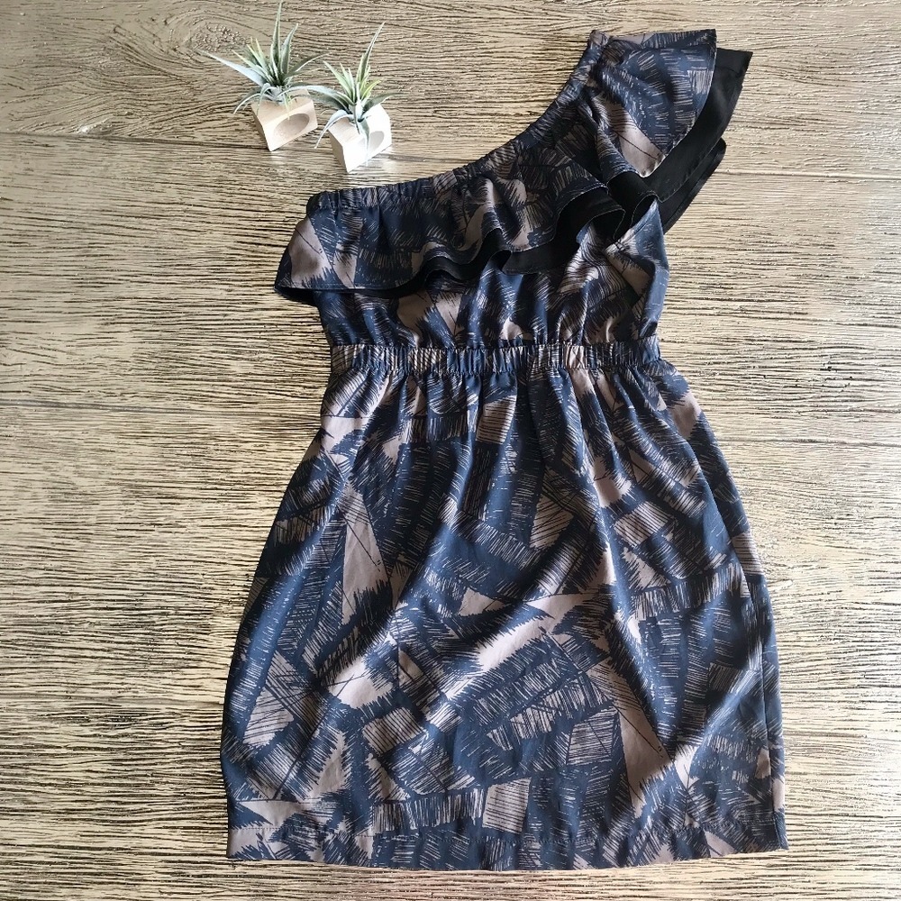 3+1 One Shoulder‎ Ruffle Mini Dress Navy Blue Tan Abstract Palm Print Small